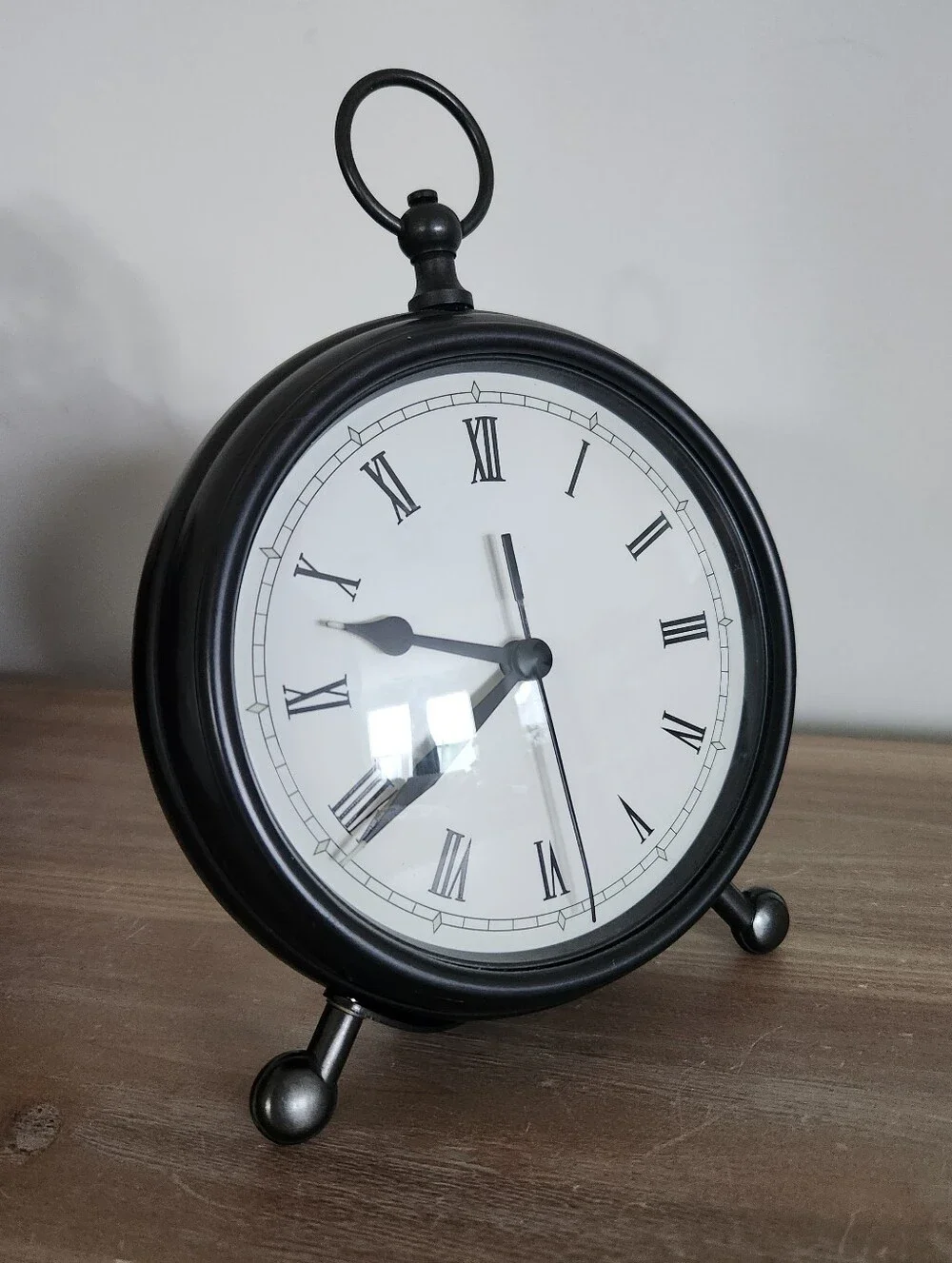 Pottery Barn Black Metal Tabletop Clock Roman Numerals Vintage Style Decor